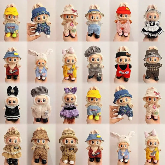 A variety of Labubu doll clothes 17cm displayed on multiple dolls in colorful outfits and styles.