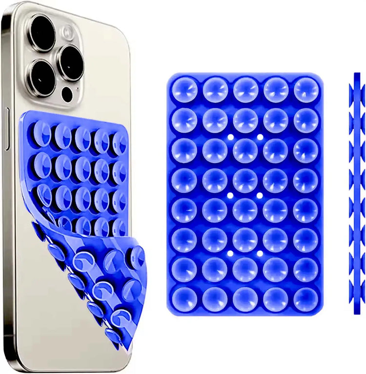 hands-free phone holder with a blue adhesive design on a smartphone for secure phone use