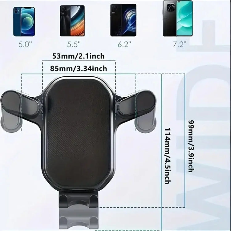 Car vent phone holder dimensions with compatibility for various smartphone sizes displayed.