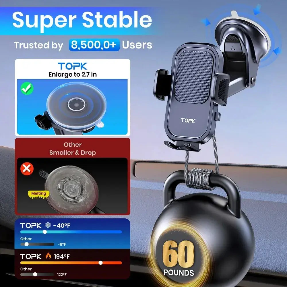 TOPK Puhelinteline Autoon - Voimakas Imukoukku Kojelaudalle super stable design and trusted by over 8,500 users