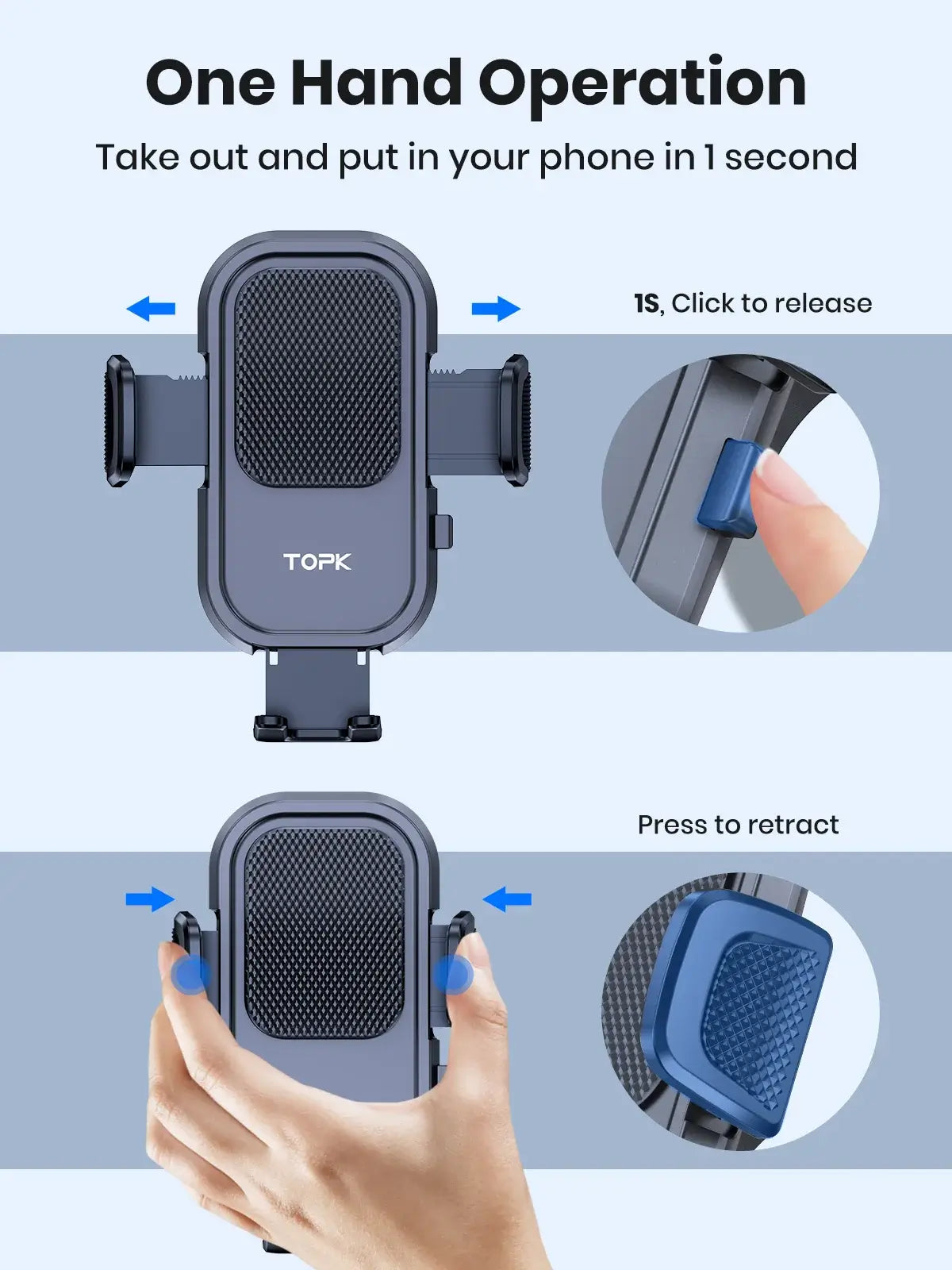TOPK Puhelinteline Autoon - Voimakas Imukoukku Kojelaudalle one hand operation for easy phone access.