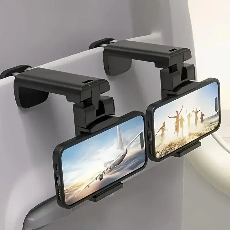 hands-free phone holder for car and desk holding smartphones in an airplane seat back.