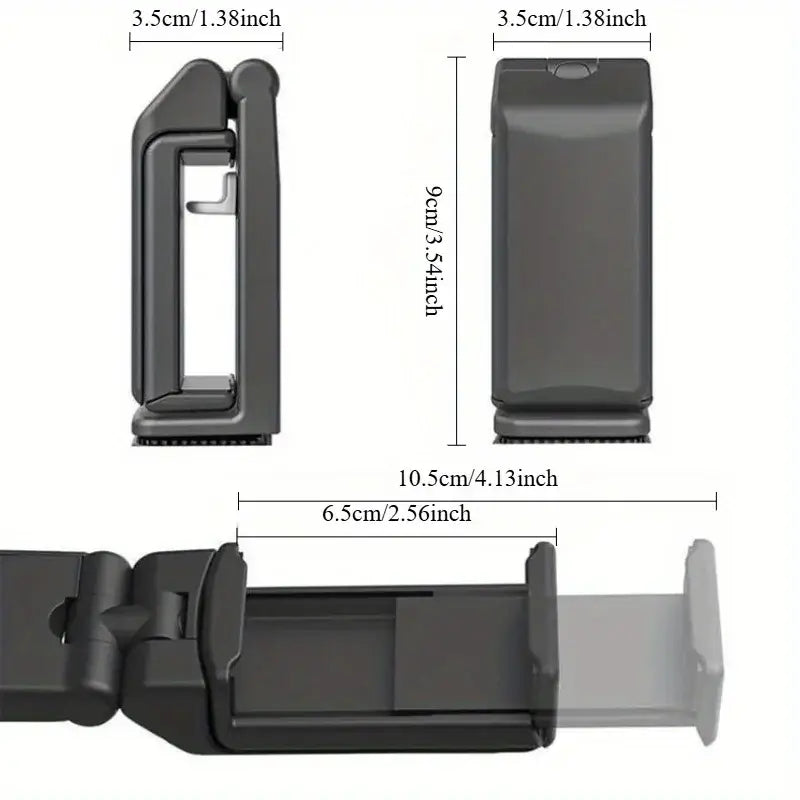 hands-free phone holder for car and desk, compact design with dimensions for easy use in vehicles and at desks.