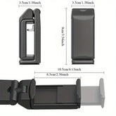 hands-free phone holder for car and desk, compact design with dimensions for easy use in vehicles and at desks.