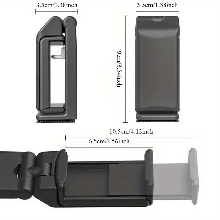 hands-free phone holder for car and desk, compact design with dimensions for easy use in vehicles and at desks.