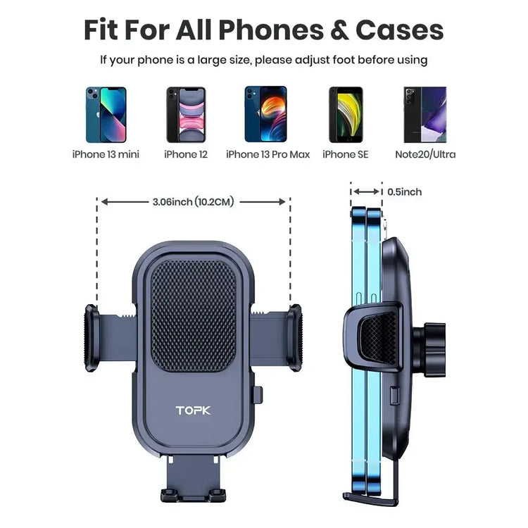 TOPK Puhelinteline Autoon - Voimakas Imukoukku Kojelaudalle fit for all phones and cases with adjustable foot.