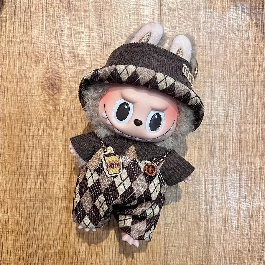 Labubu doll clothes 17cm featuring a cute doll with a coffee-themed outfit and bunny ears.