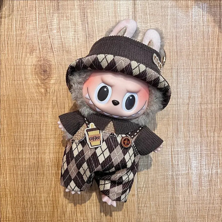 Labubu doll clothes 17cm featuring a cute doll with a coffee-themed outfit and bunny ears.
