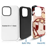 custom iPhone phone case DIY showing 2 in 1 design with Soft TPU and Hard PC materials.