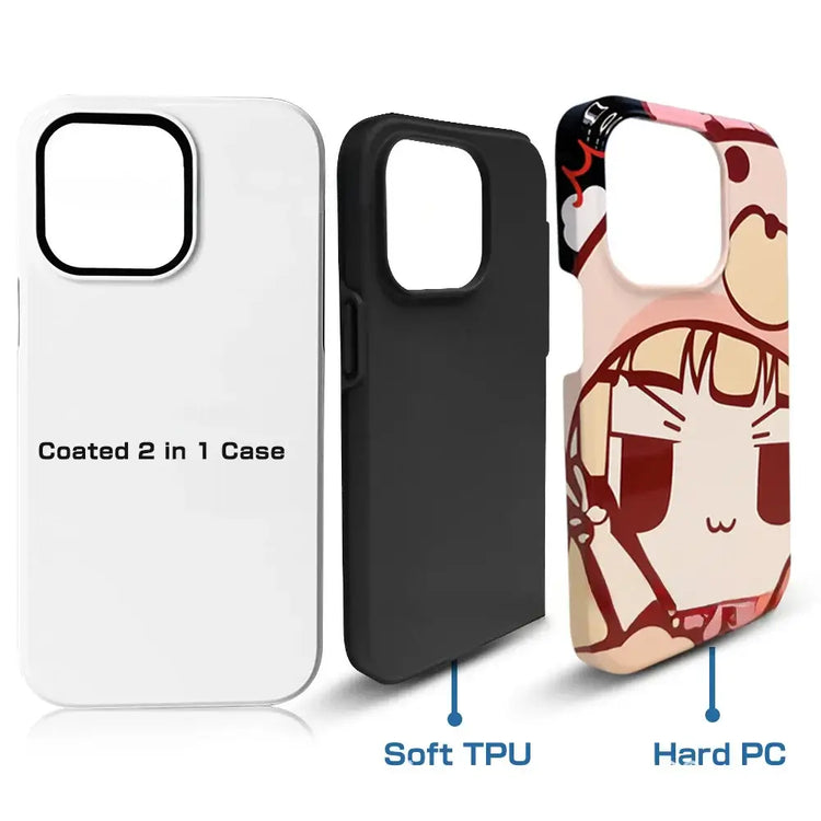 custom iPhone phone case DIY showing 2 in 1 design with Soft TPU and Hard PC materials.