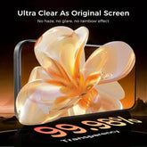 8K screen protector for iPhone showing ultra clear display with flower design and high transparency.