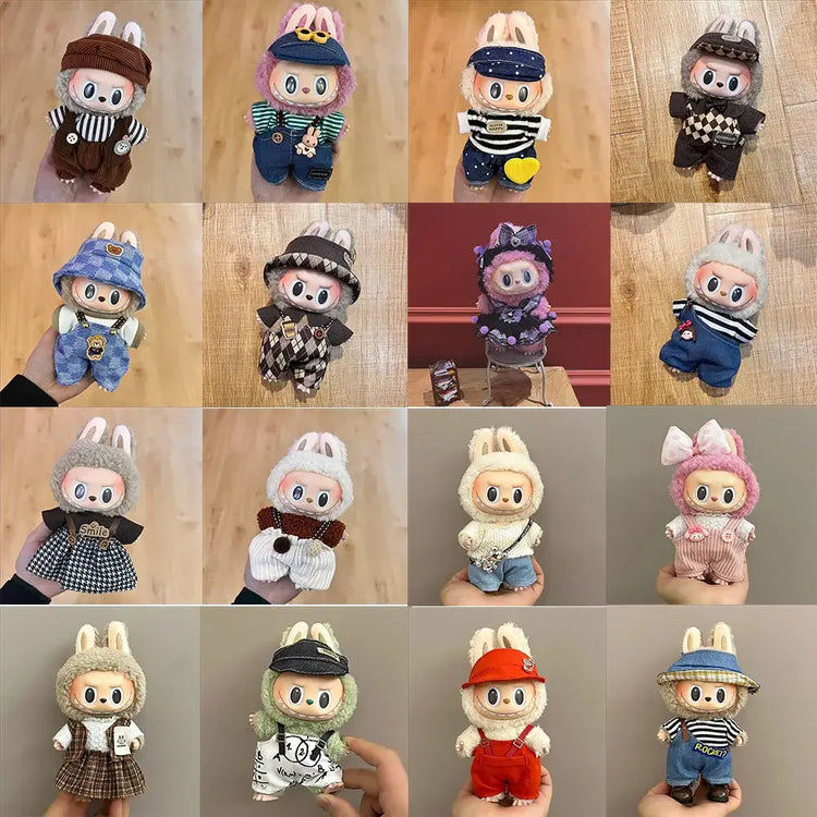 Various outfits for Labubu doll clothes 17cm showcasing stylish designs and casual wear.