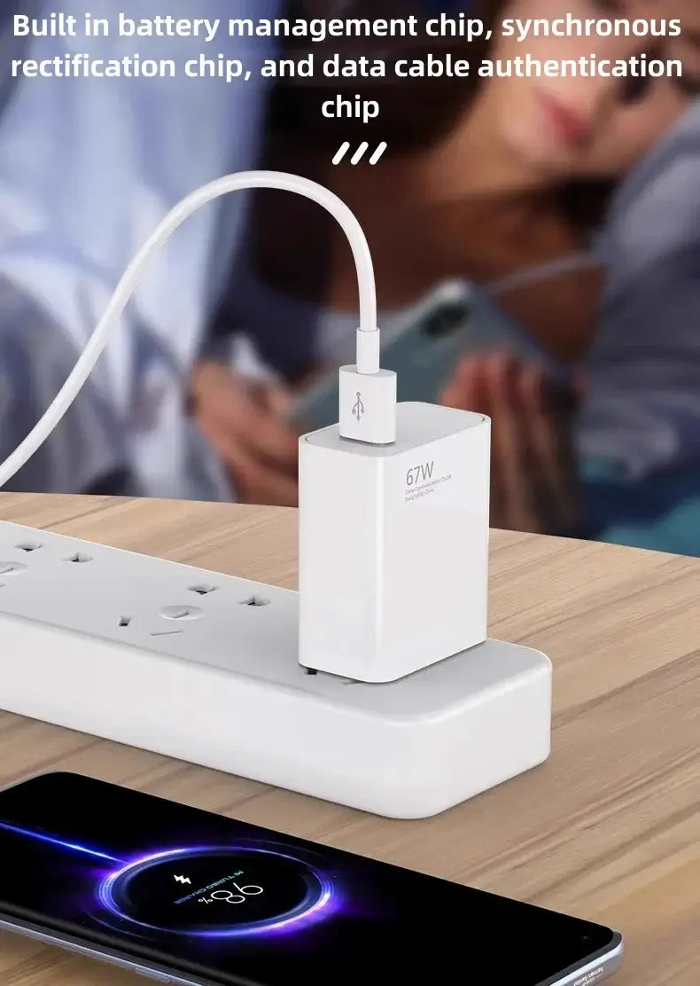 67W USB fast charger for smartphones plugged into a power strip with a phone charging beside it.