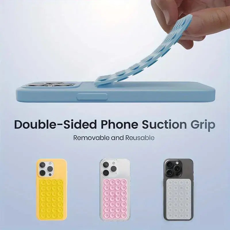 hands-free phone holder with double-sided suction grip on various phone cases, showcasing its removable and reusable design.