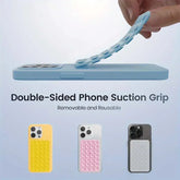 hands-free phone holder with double-sided suction grip on various phone cases, showcasing its removable and reusable design.