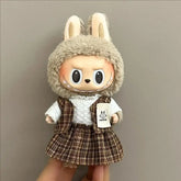Labubu doll clothes 17cm on a cute doll with rabbit ears wearing a fluffy hood and plaid dress.