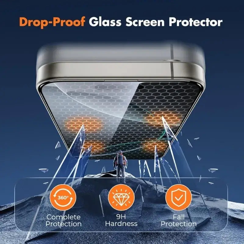 8K screen protector for iPhone showcasing drop-proof technology and complete protection features.