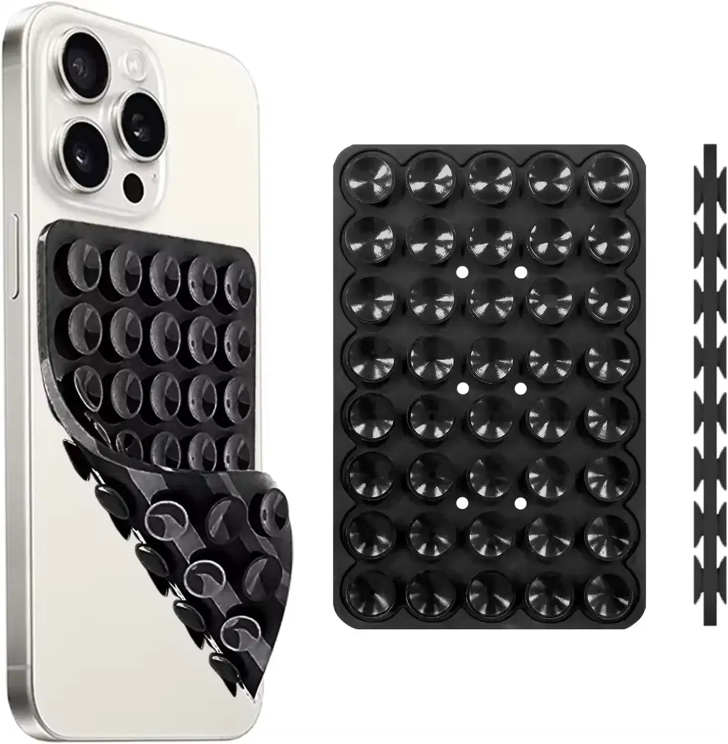 hands-free phone holder in black, designed for secure phone support with adhesive backing for easy mounting.