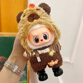 Labubu doll clothes 17cm on a cute doll wearing a bear-themed outfit with a fluffy hood and stylish accessories.