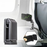 hands-free phone holder for car and desk attached to an airplane seat with a phone displaying a graph.