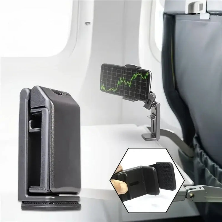 hands-free phone holder for car and desk attached to an airplane seat with a phone displaying a graph.