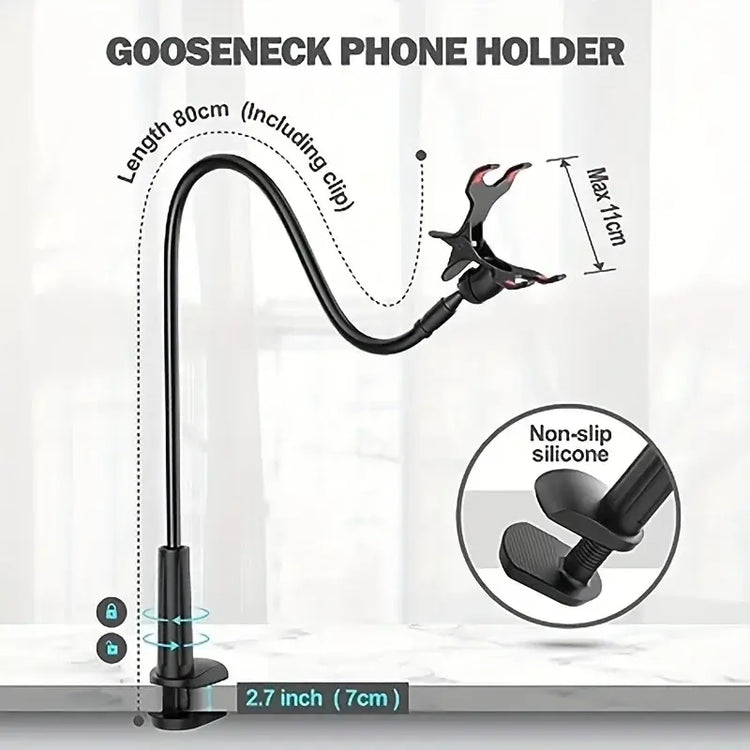 Joustava puhelinteline pitkällä varrella with flexible gooseneck design, adjustable for optimal phone viewing.
