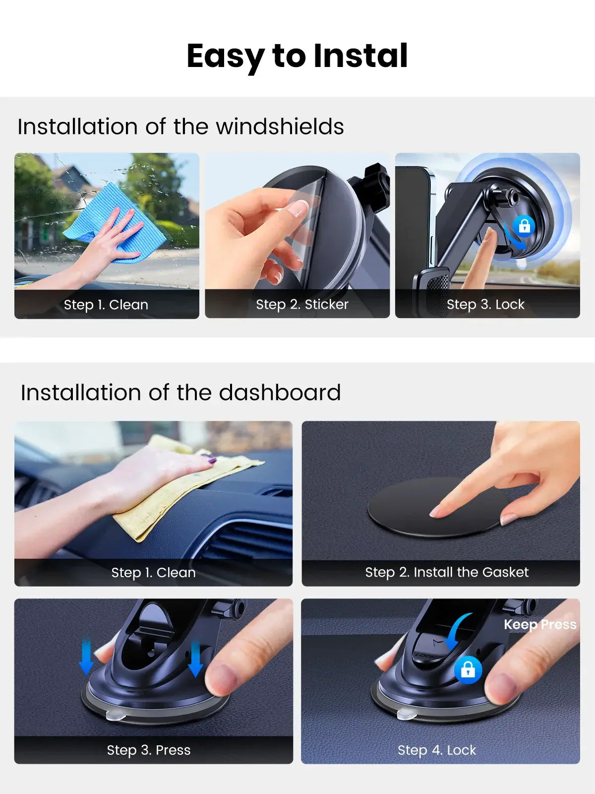 Installation guide for TOPK Puhelinteline Autoon - Voimakas Imukoukku Kojelaudalle, showing steps for windshields and dashboards.