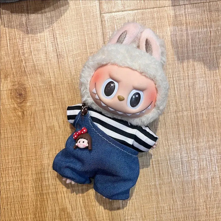 Labubu doll clothes 17cm on a cute doll wearing a rabbit-themed outfit with denim overalls.