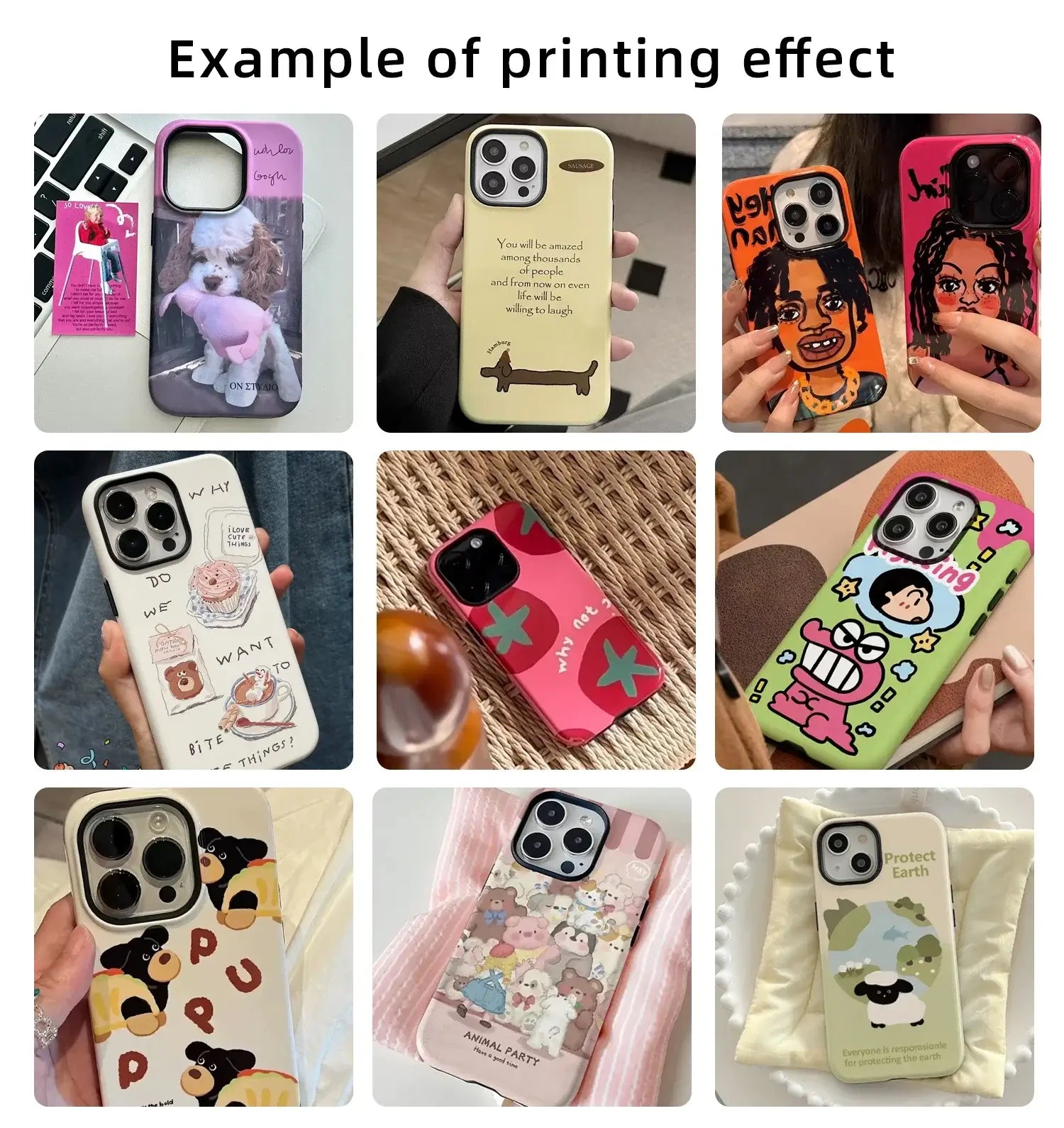 Example of custom iPhone phone case DIY with vibrant printing effects showcasing various designs.