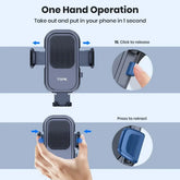 TOPK Puhelinteline Autoon - Voimakas Imukoukku Kojelaudalle showcasing one hand operation for easy phone access.
