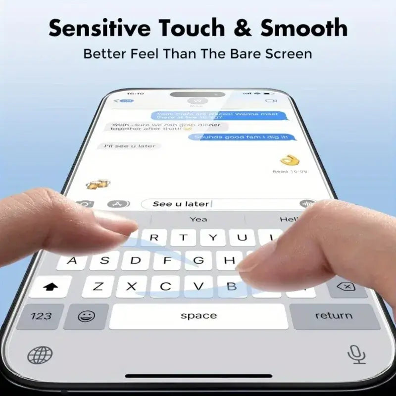 Sensitive touch demonstration showing the 8K screen protector for iPhone enhancing keyboard experience.