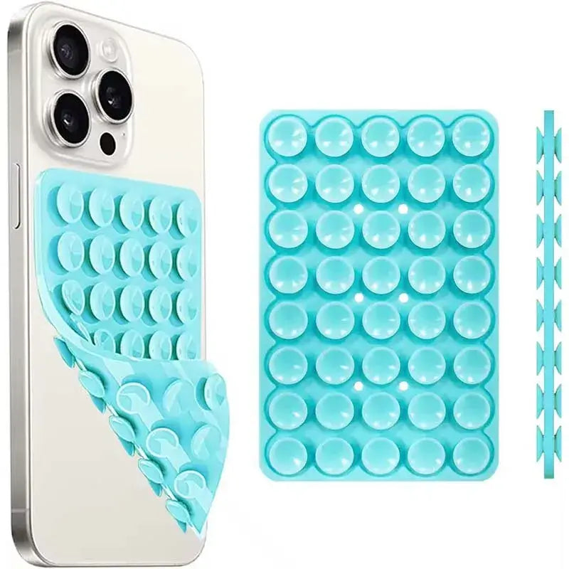 hands-free phone holder with a turquoise design, featuring a silicone layer for grip and stability.
