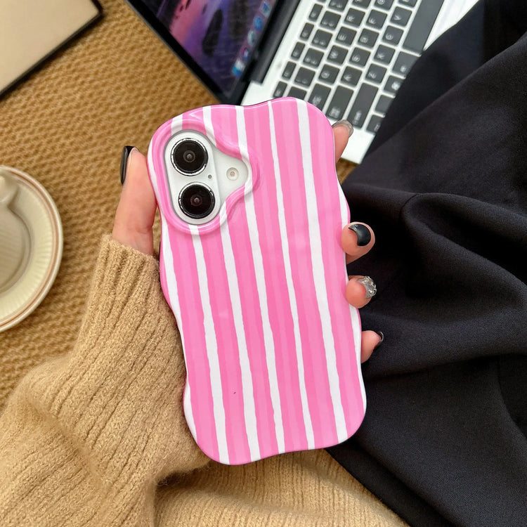iPhone 2-in-1 striped phone case featuring pink and white stripes, perfect for style and protection.
