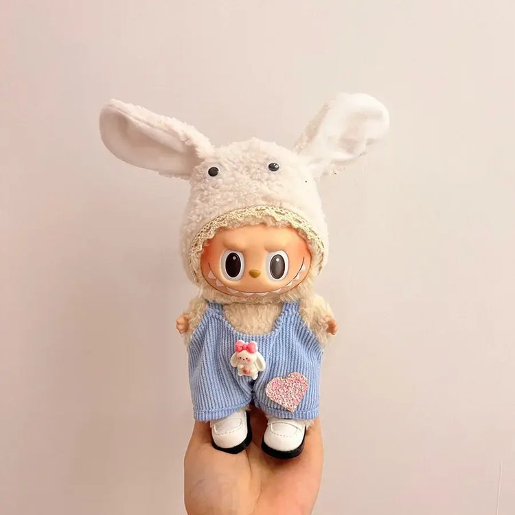 Labubu doll clothes 17cm in a cute bunny hat and overalls, perfect for stylish 17cm Labubu dolls.