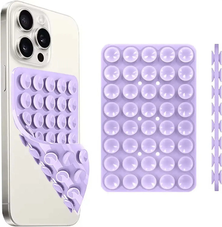 Lavender hands-free phone holder with bubble design attached to a smartphone, providing a secure grip for users.