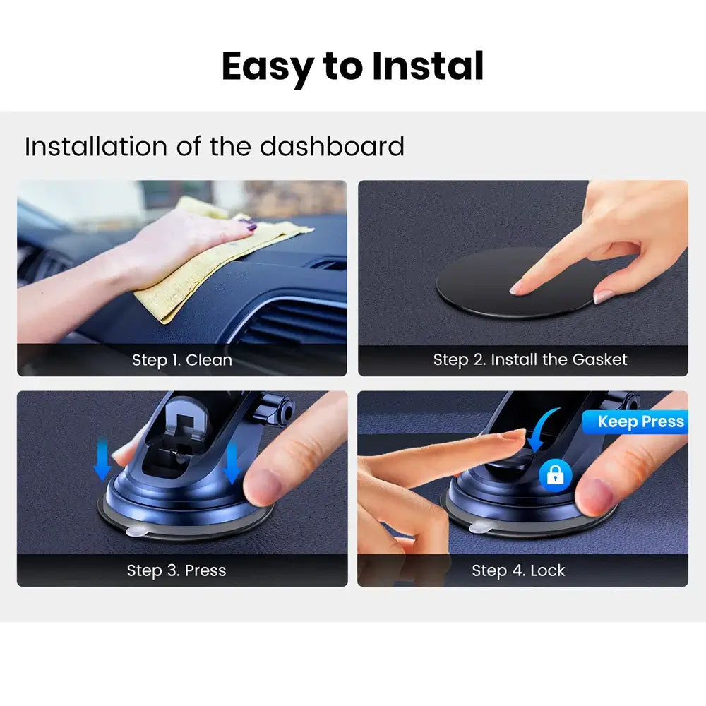 Installation steps for TOPK Puhelinteline Autoon - Voimakas Imukoukku Kojelaudalle including cleaning, gasket installation, pressing, and locking.