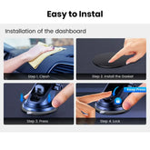 Installation steps for TOPK Puhelinteline Autoon - Voimakas Imukoukku Kojelaudalle including cleaning, gasket installation, pressing, and locking.