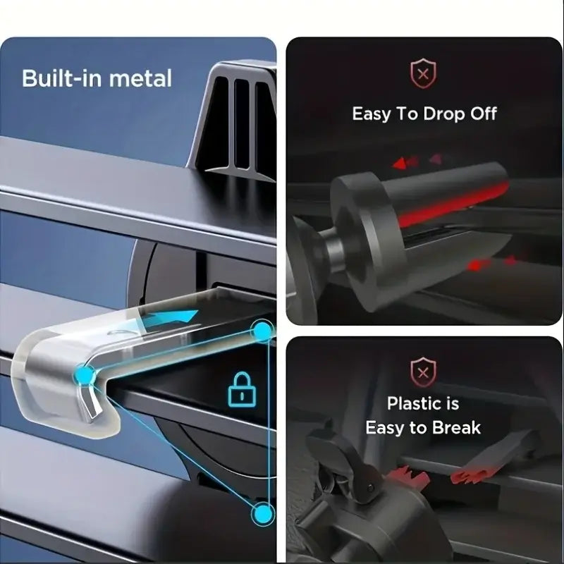 Close-up of car vent phone holder with built-in metal, showcasing easy drop-off and plastic breakage features.
