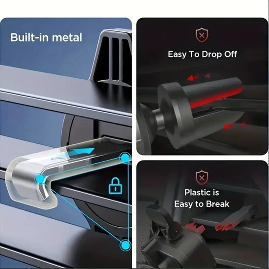 Close-up of car vent phone holder with built-in metal, showcasing easy drop-off and plastic breakage features.