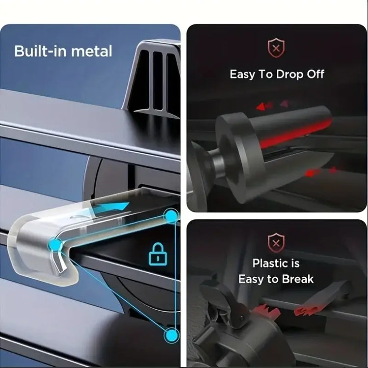 Close-up of car vent phone holder with built-in metal, showcasing easy drop-off and plastic breakage features.