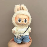 Labubu doll clothes 17cm featuring a doll in a cute bunny outfit with a cozy sweater and denim pants.