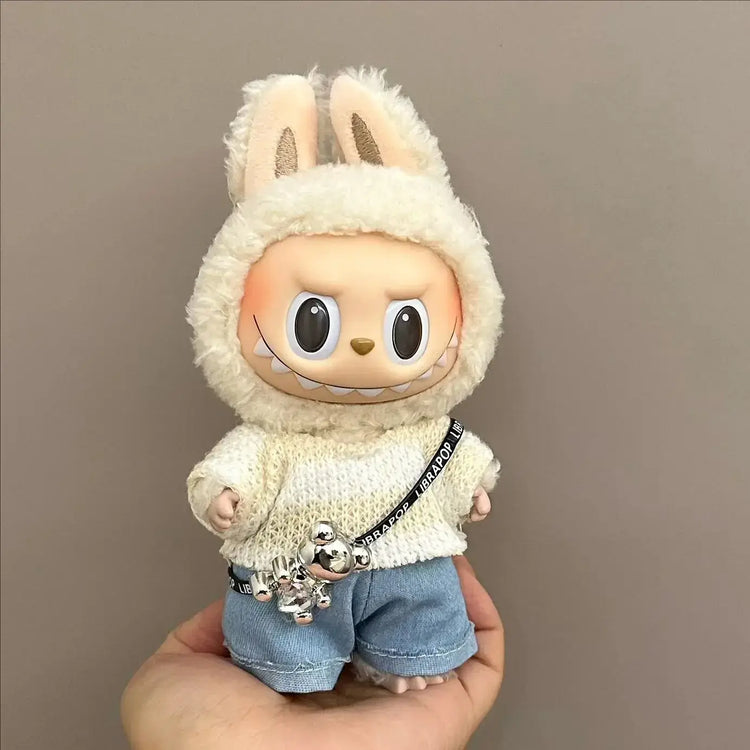Labubu doll clothes 17cm featuring a doll in a cute bunny outfit with a cozy sweater and denim pants.