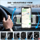 Car vent phone holder displaying 360° adjustable view with phone navigating maps.