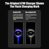 Comparison of 67W USB fast charger for smartphones, showing charging speeds of original vs non-original chargers.
