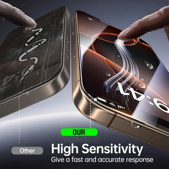 8K screen protector for iPhone showcasing high sensitivity with smooth touch response on a smartphone.