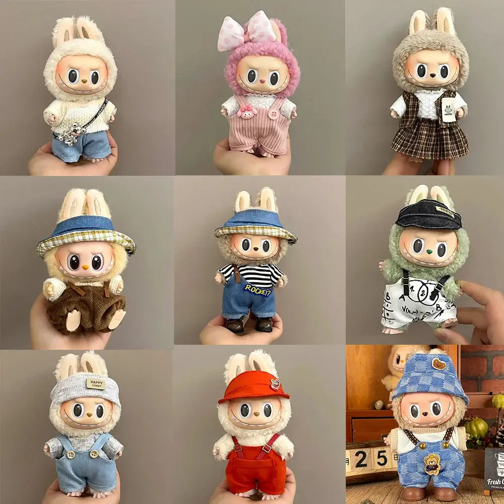 Various Labubu doll clothes 17cm displayed on cute dolls showcasing stylish outfits and accessories.