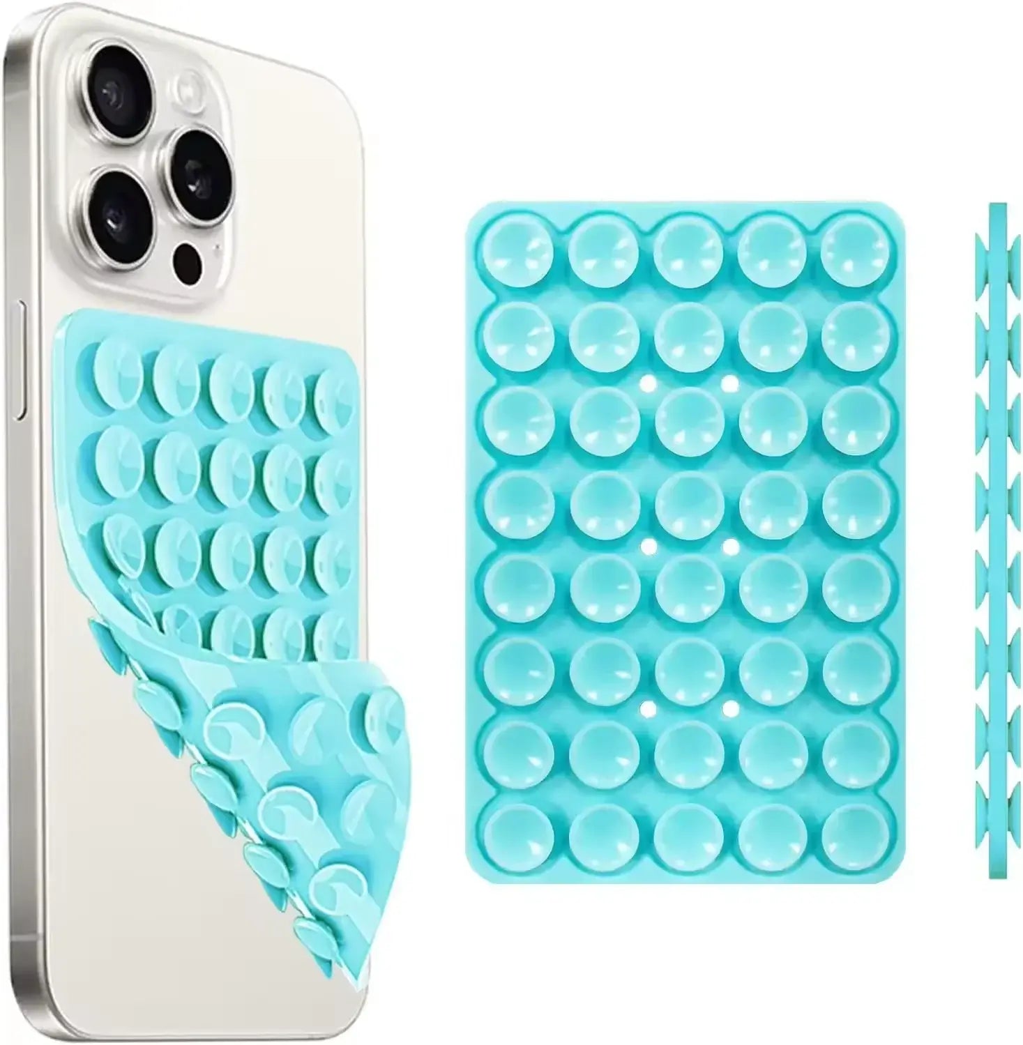 hands-free phone holder with a blue silicone backing for secure grip on smartphone