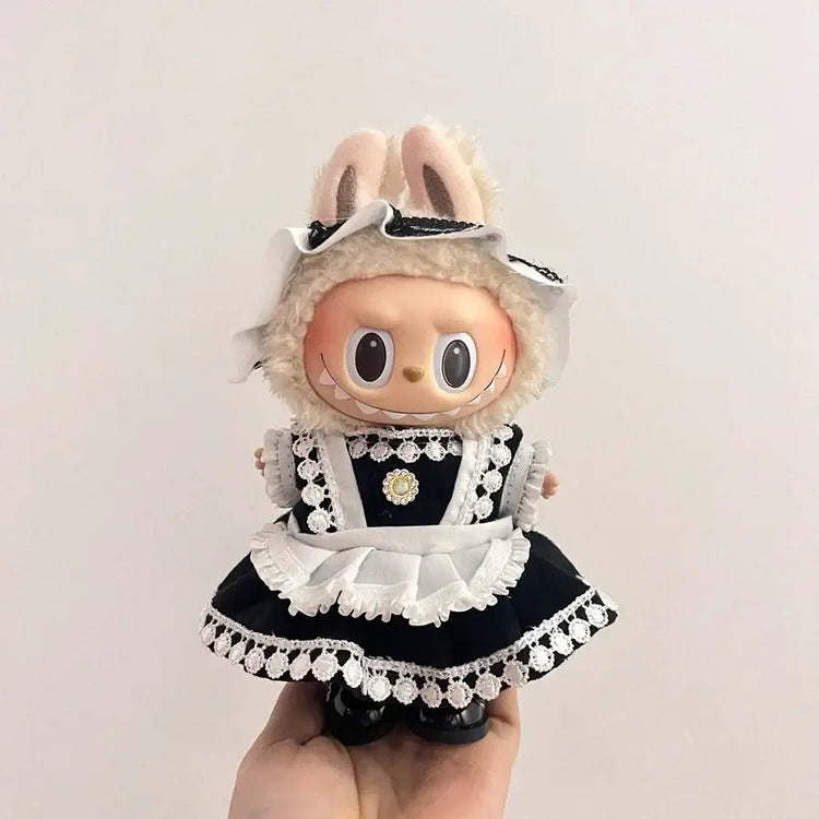 Labubu doll clothes 17cm in a cute black and white dress with bunny ears, perfect for stylish dress-up.