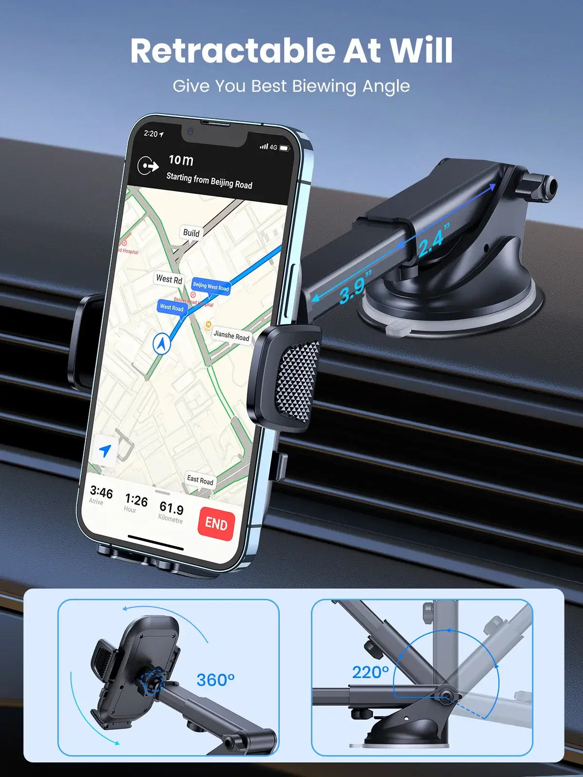 TOPK Puhelinteline Autoon - Voimakas Imukoukku Kojelaudalle with retractable design and phone mount functionality.