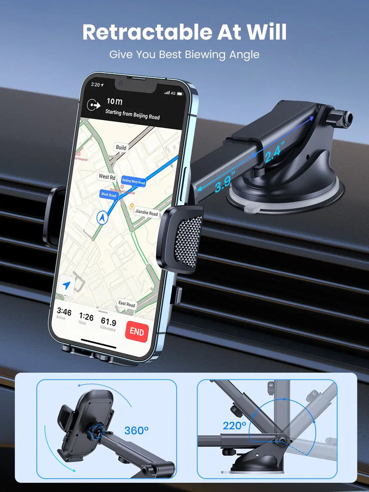 TOPK Puhelinteline Autoon - Voimakas Imukoukku Kojelaudalle with retractable design and phone mount functionality.